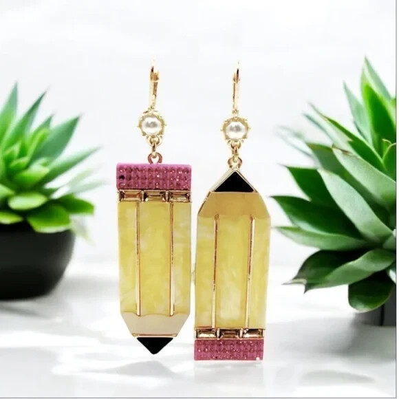 Betsey Johnson LARGE Pencil Earrings With Pink Rhinestones & Faux Pearls.