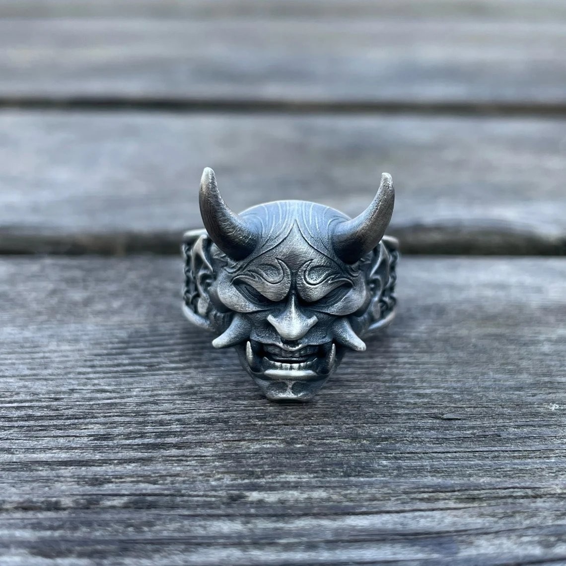 Japanese Hannya Mask Ring 925 Sterling Silver Oxidized Ring Duty Free