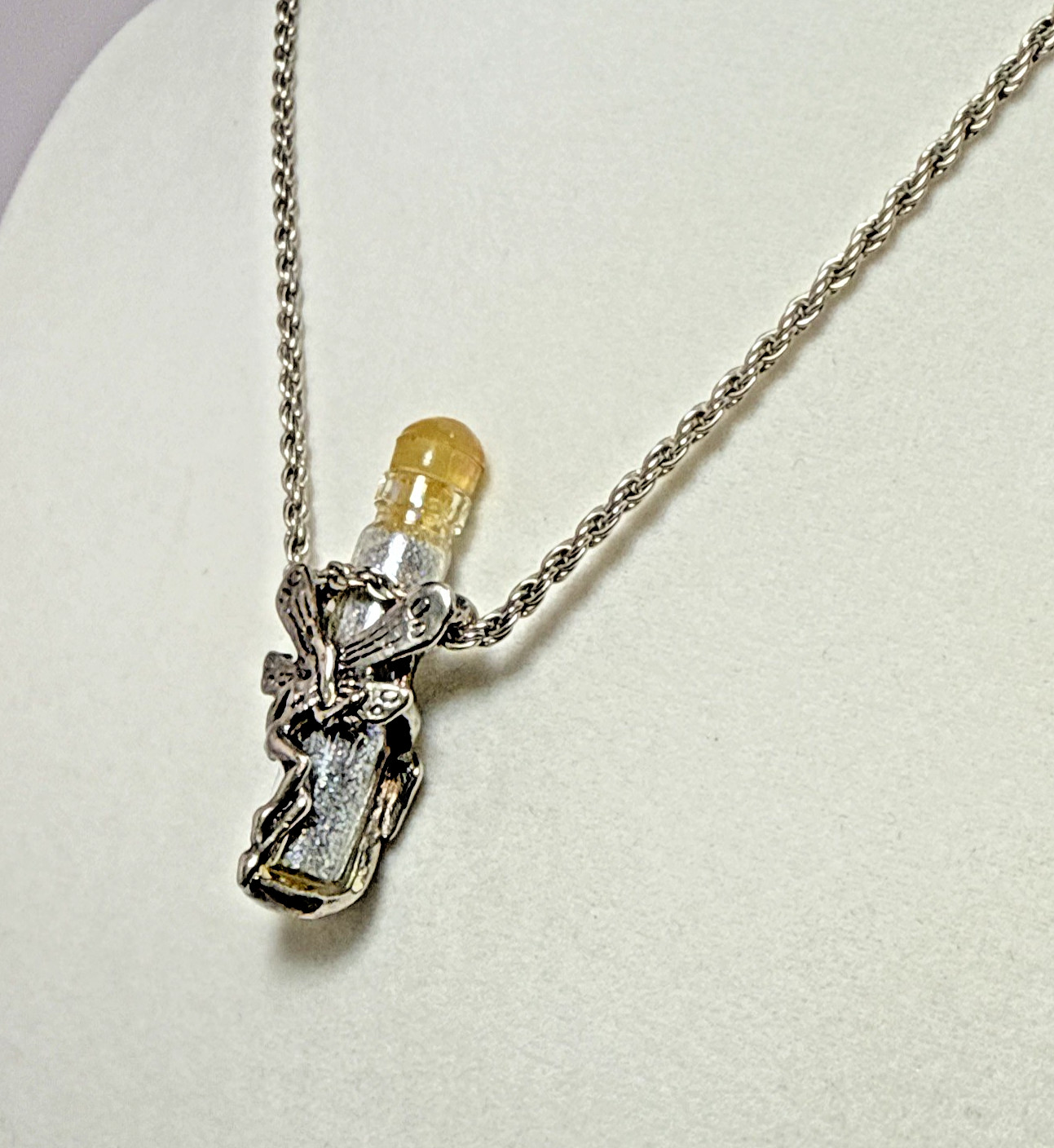 Vintage Pewter Angel Fairy Holding Vial Capsule of Fairy Dust Pendant Necklace