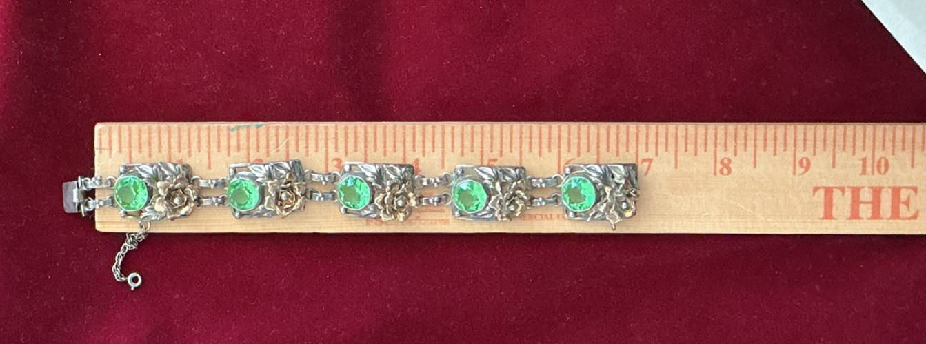 Signed Hobe 40’s Sterling Silver 1/20 14K Gold Floral Link Bracelet Green Glass