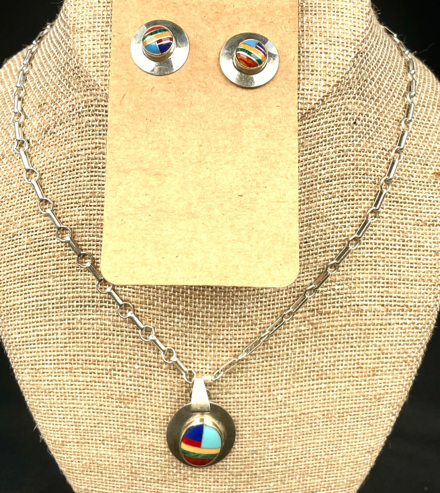 Ella Peter Sterling Multistone Inlay Pendant Earrings Set 24” Chain Navajo