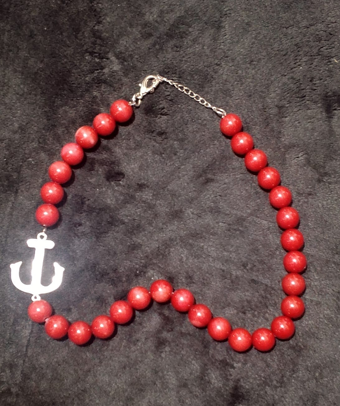 Handmade Red Round Bead Necklace – Silver Anchor Connector Charm
