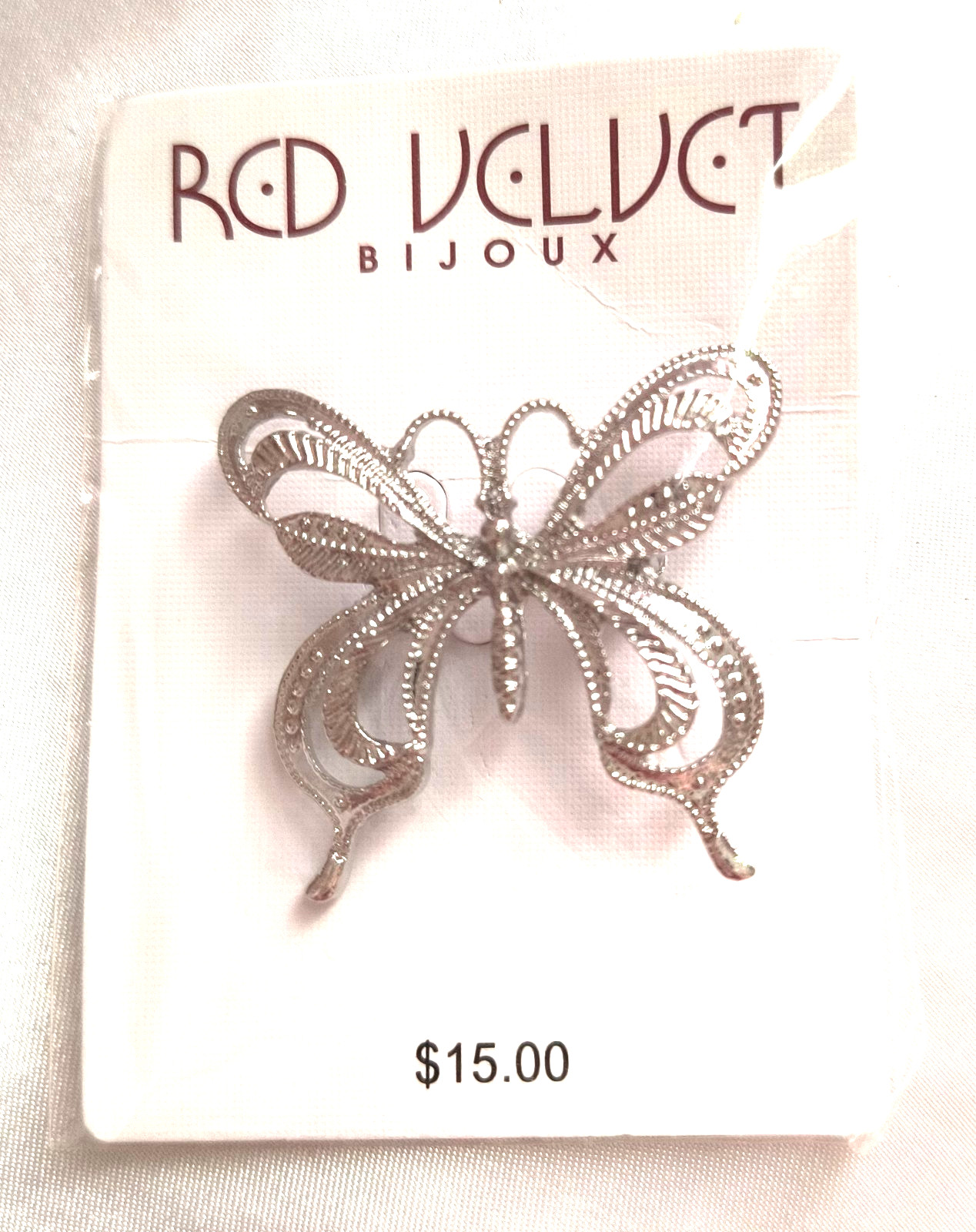 NEW Red Velt by Bijoux Women’s Jewelry Brooch Silvertone Butterfly 1.25″ x 1.25″