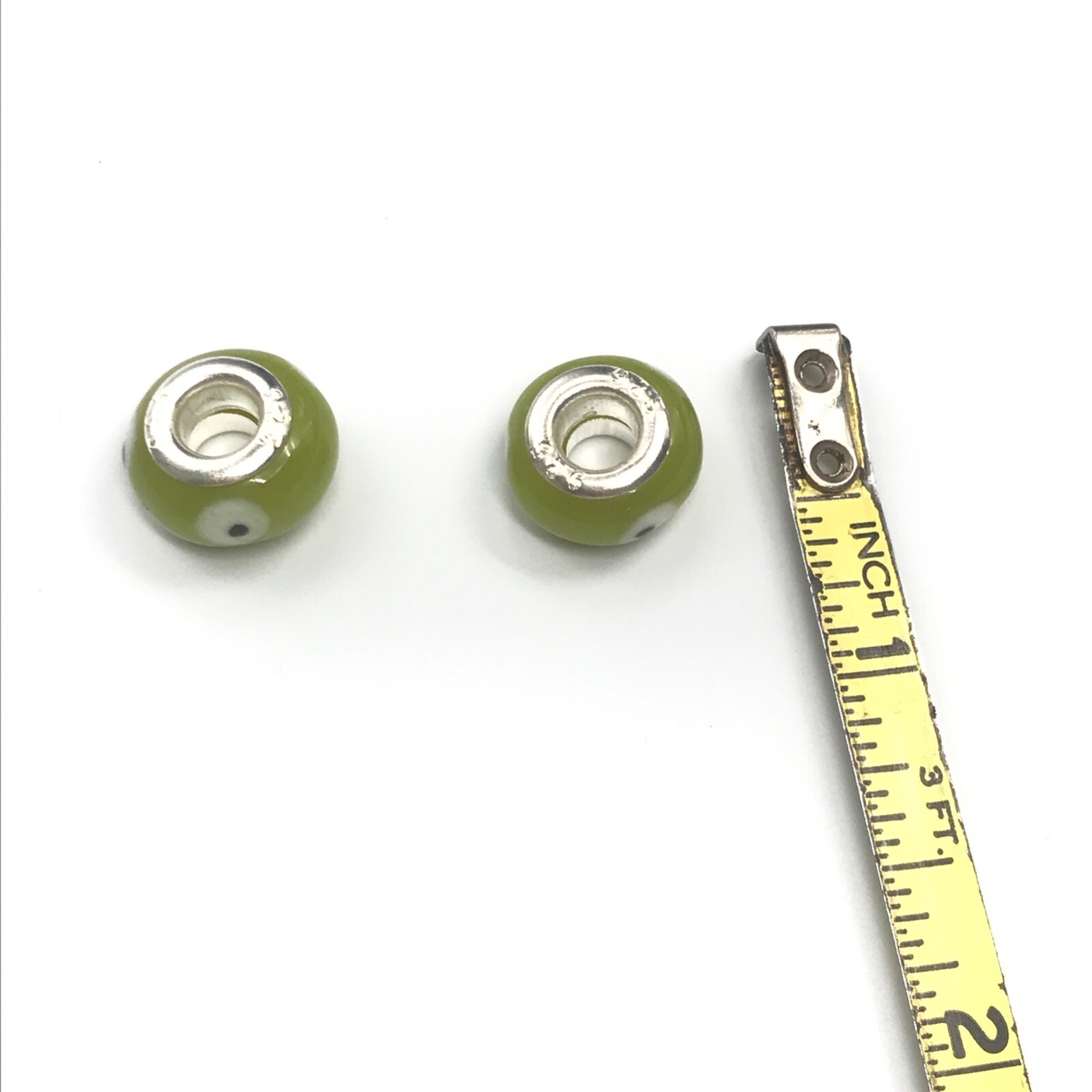 925 Sterling Silver Olive Green Black White European Murano Glass Bead Set Of 2