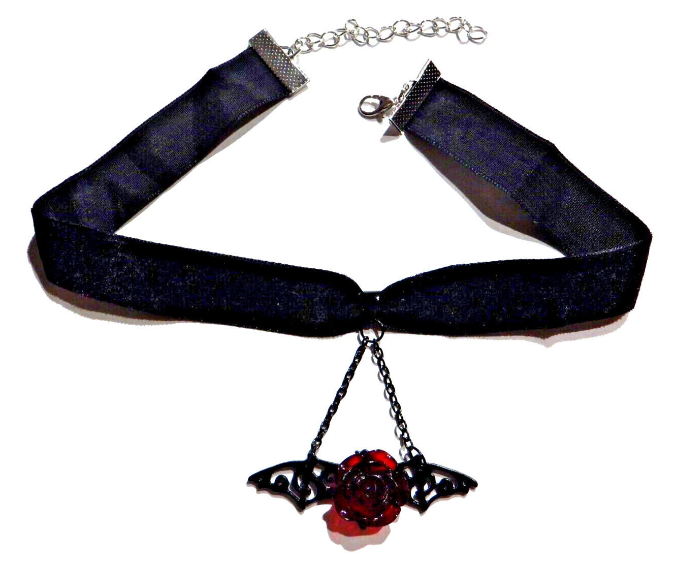 BLACK VELVET BAT WING & ROSE filigree Halloween gothic vampire necklace EGL 4E
