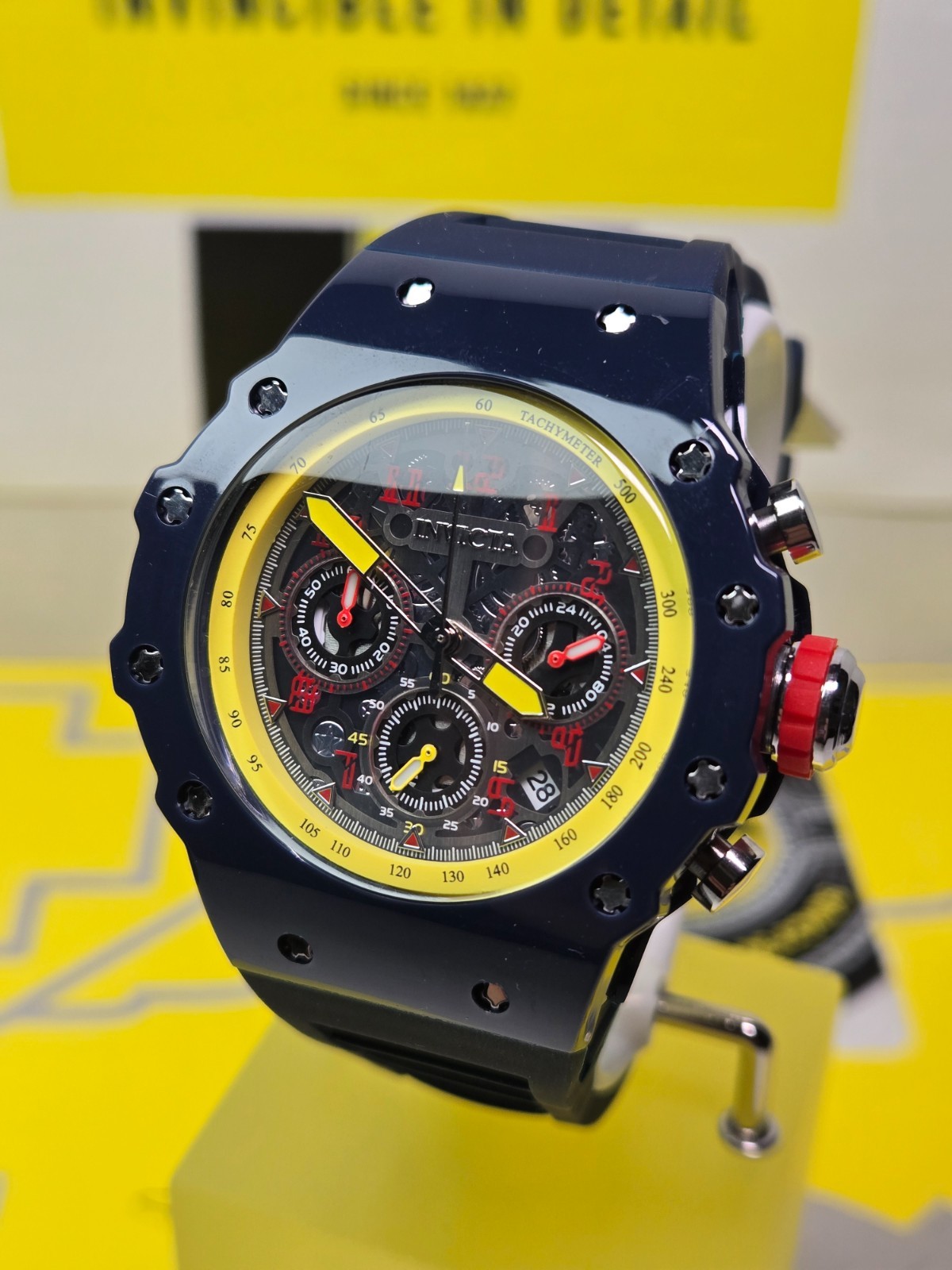 Invicta Racing Valyron Dark Blue/Yellow/Red 43.5mm Men’s Watch w/ Black Dial NEW