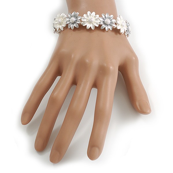 Pastel White/Grey Enamel Multi Daisy Flex Bracelet in Light Silver Tone – 20cm