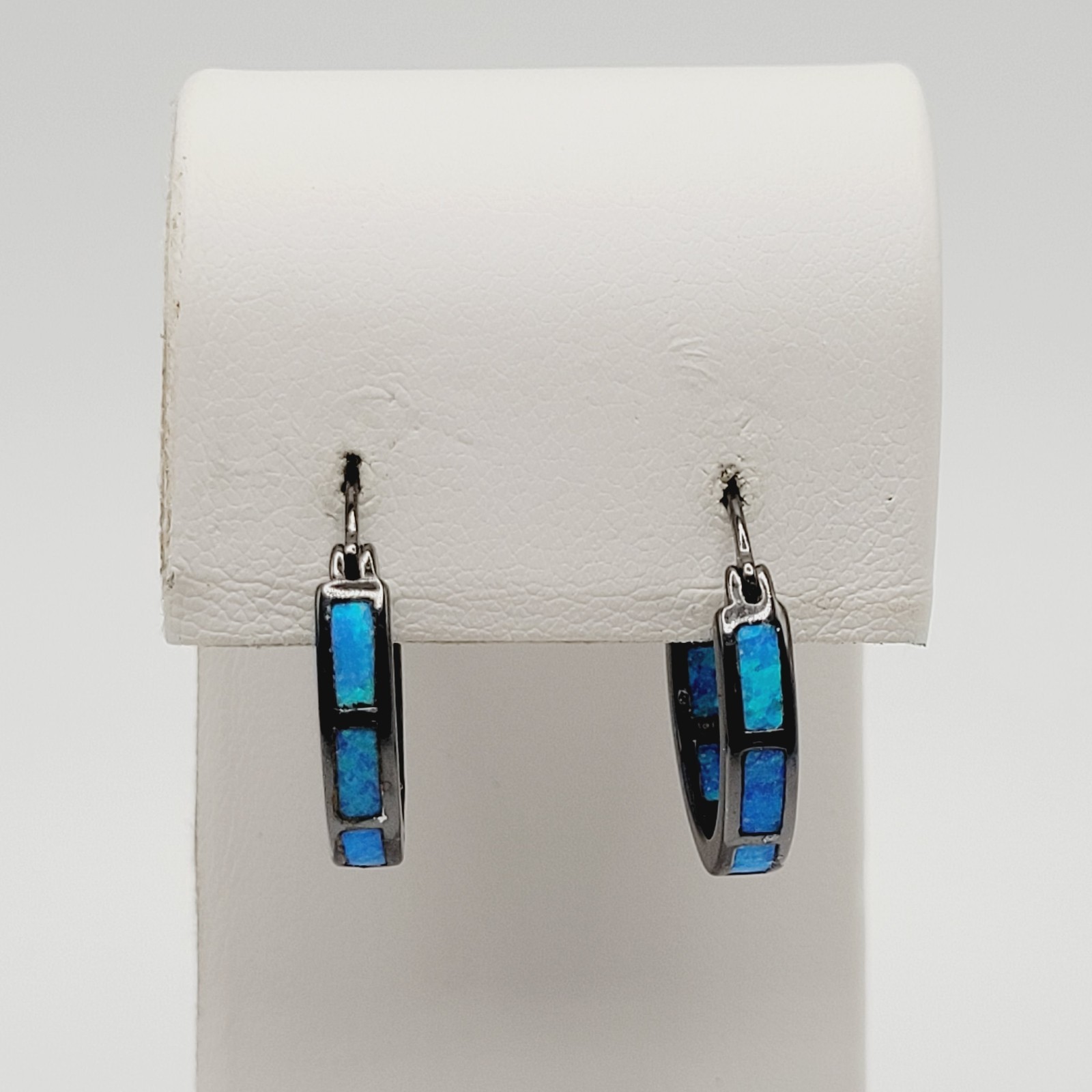 Blue Shade Opal Lab Created Inlay Dark Gunmetal Tone Small Hoop Pierced Earrings