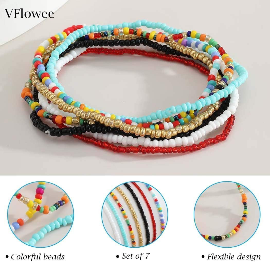 7PCS Boho Beaded Anklets Stretch Glass Seed Bead Bracelet Set