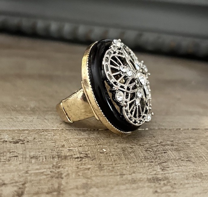 Black Silver Gold Clear Crystal Open Work Round Statement Stretch Cocktail Ring