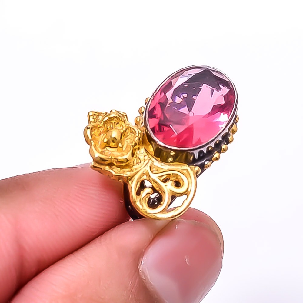 Pink Rubellite Tourmaline Black And Gold Plated 925 Sterling Silver Ring s.6 R9