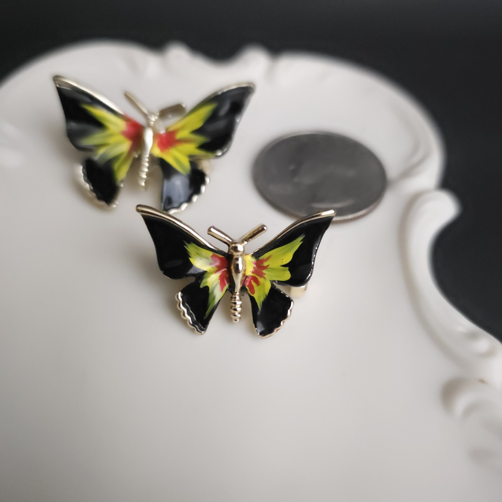 Vintage Black Yellow Red Enamel Butterfly Scatter Pins Brooch Set 2 Whimsy Fairy