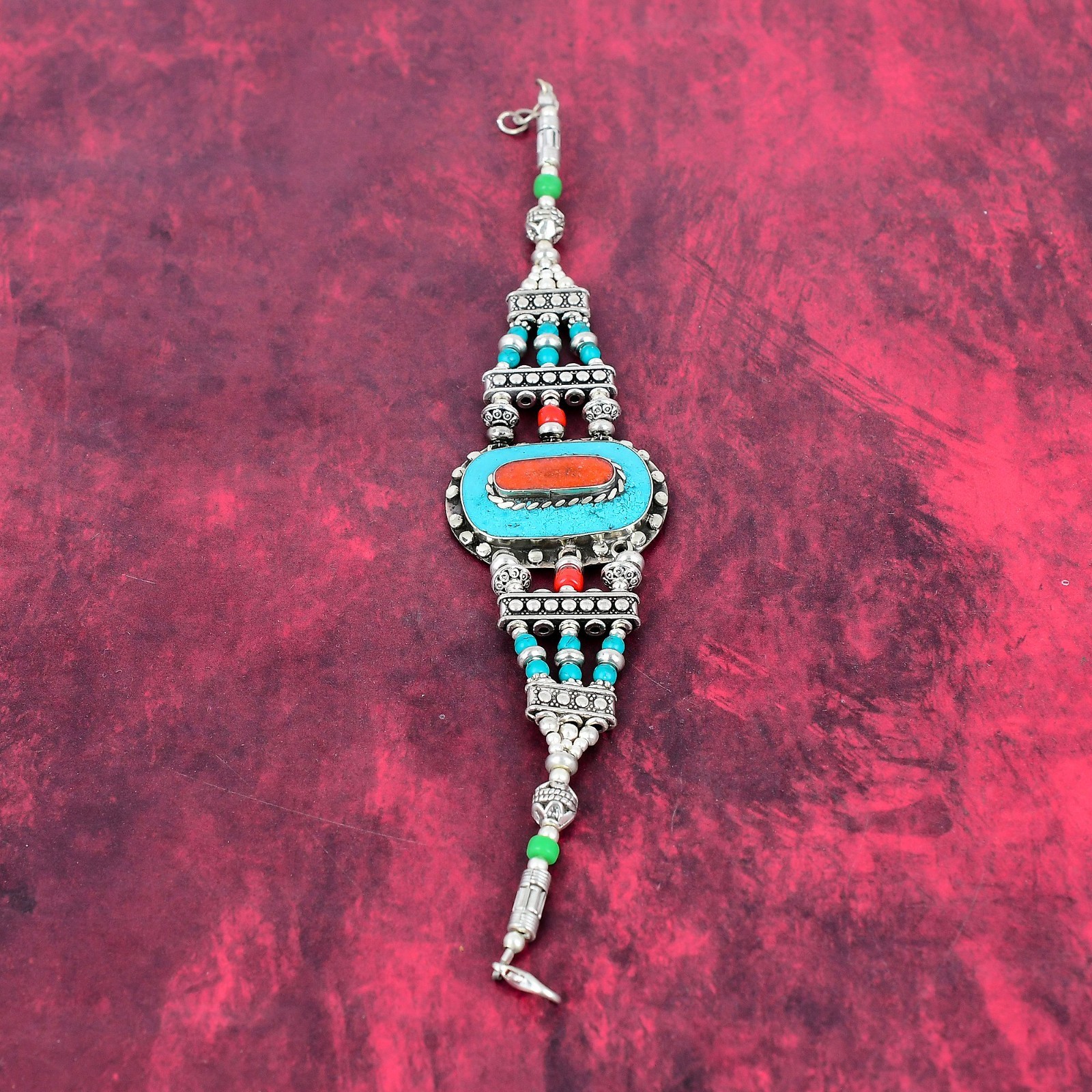 Turquoise, Coral Gemstone Handmade 925 Sterling Silver Nepali Bracelet Jewelry