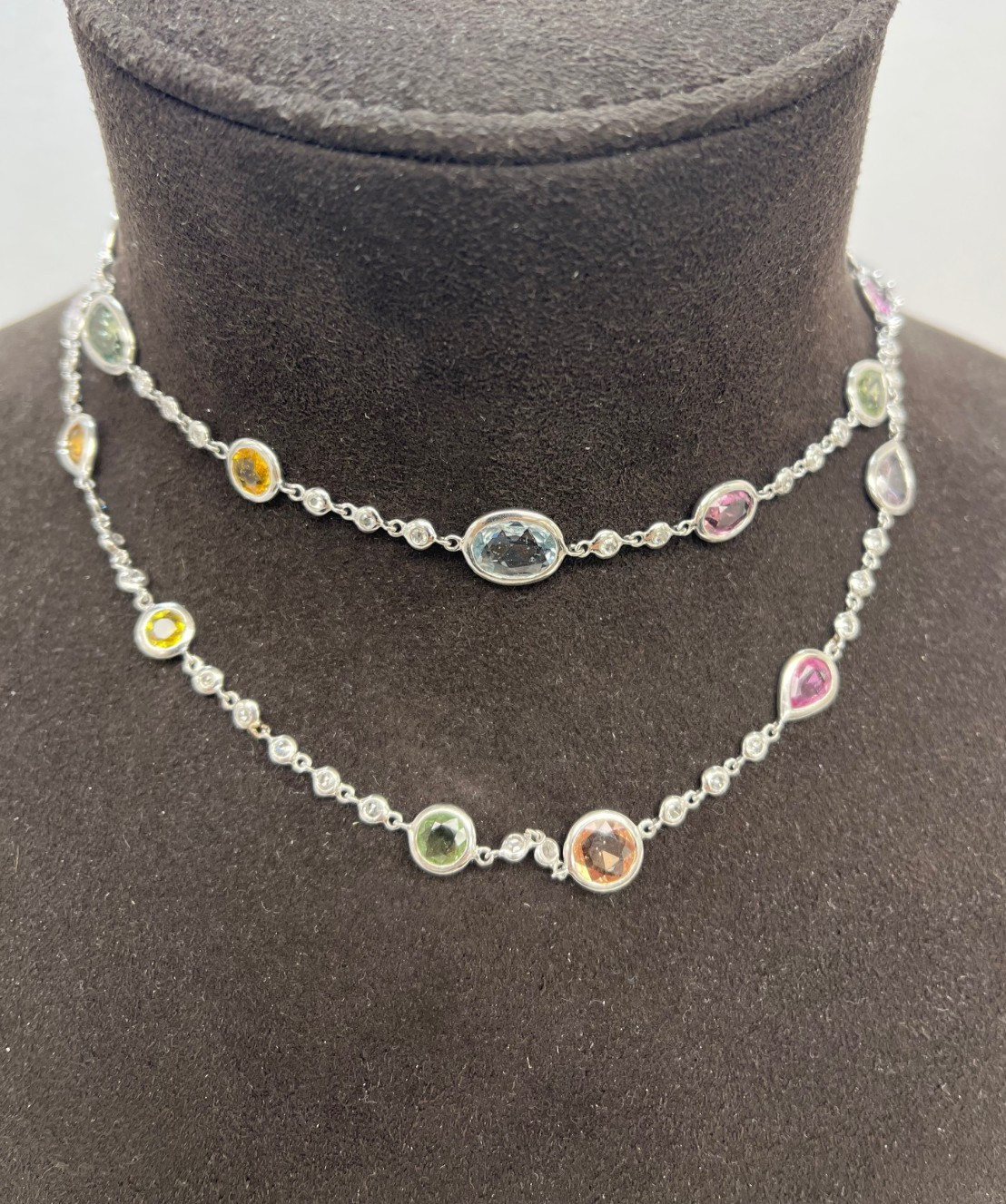 An Elegant White Gold Blue Sapphire and Diamond By-the-Yard Necklace