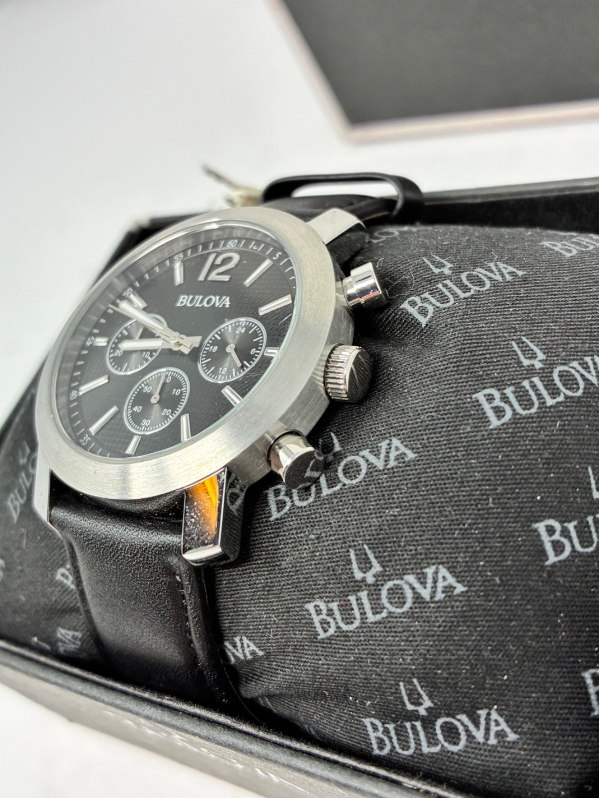 Bulova Men’s Sport Chronograph Watch Black Dial Leather Strap 96A159