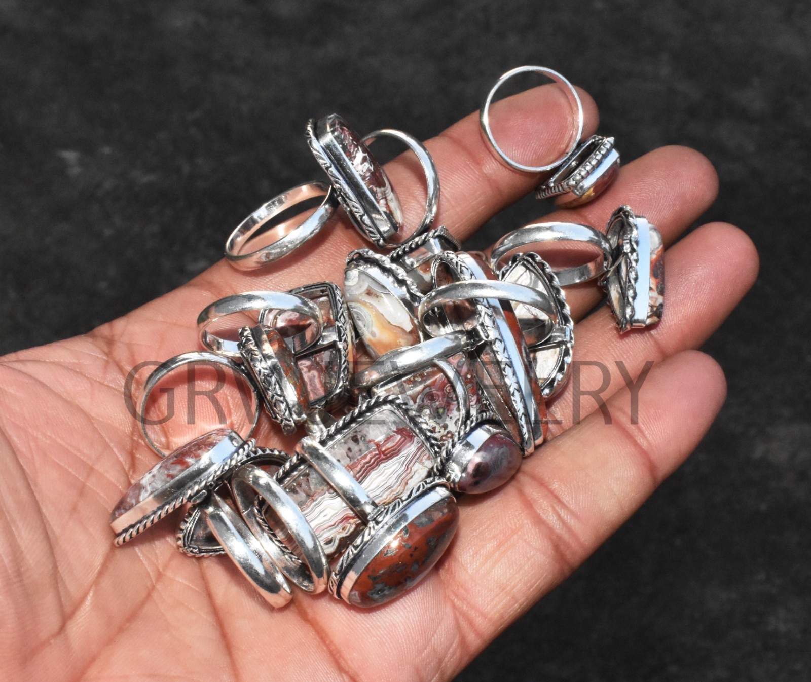 1-500 Pcs Crazy Lace Agate In Wholesale Rings Lot Bulk: Silver Plated Whr-79