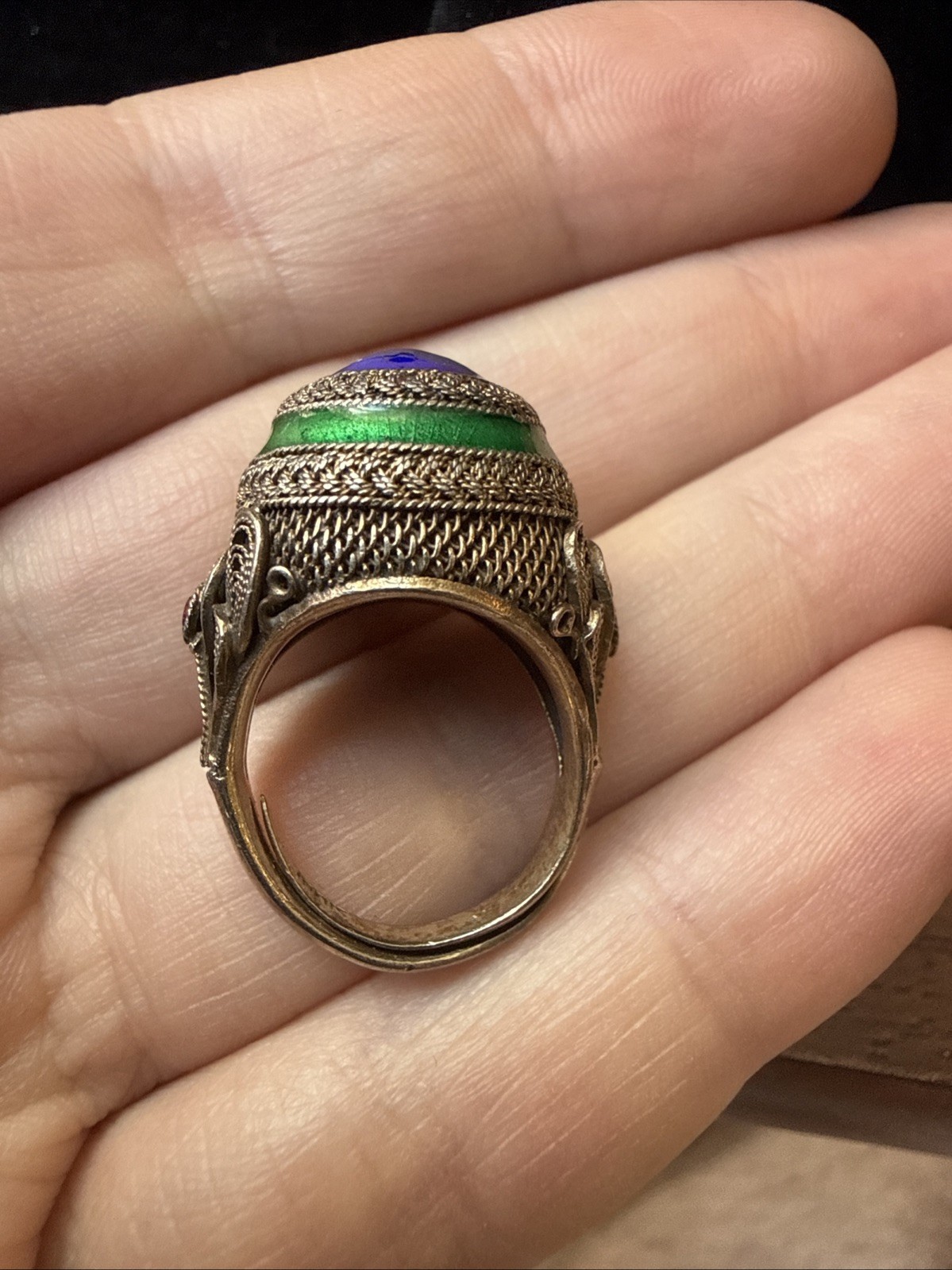 Antique Chinese Export Silver Vermeil Enamel Blue Basketweave Ring Adj Sz 4