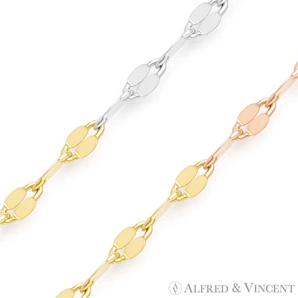 2.2mm Coffee Link Sterling Silver Tri-Tone 14k Gold-Plated Mirror Chain Necklace