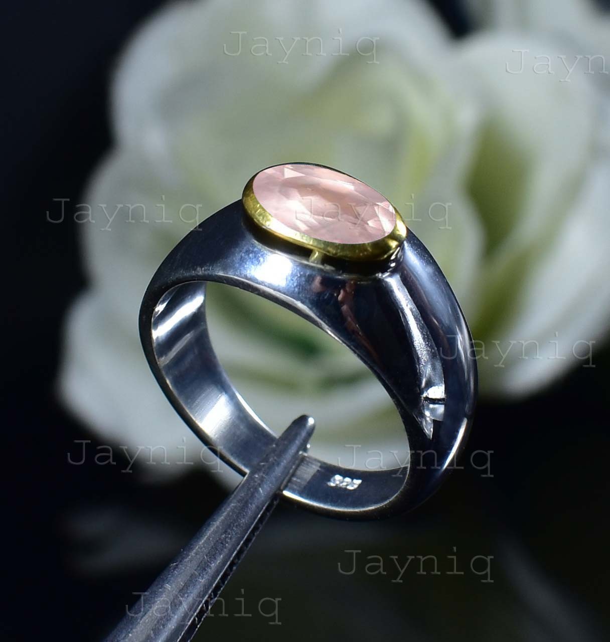 Rose Quartz Gemstone 925 Sterling Silver Handmade Two Tone Finish Ring For Women