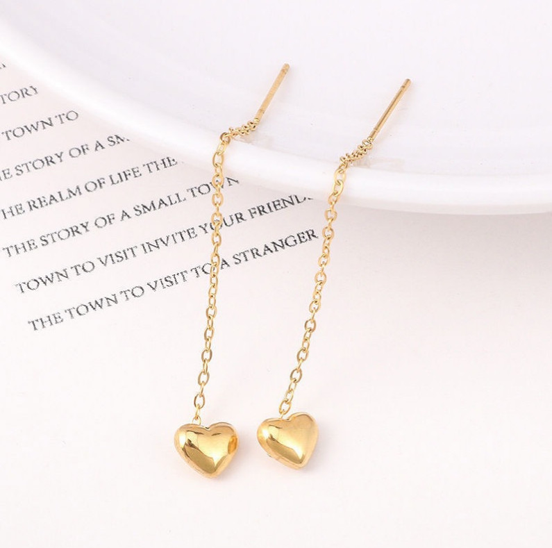 3″ Threader Gold Hearts Earrings Stainless Steel Elegant Fashion Drop PE9