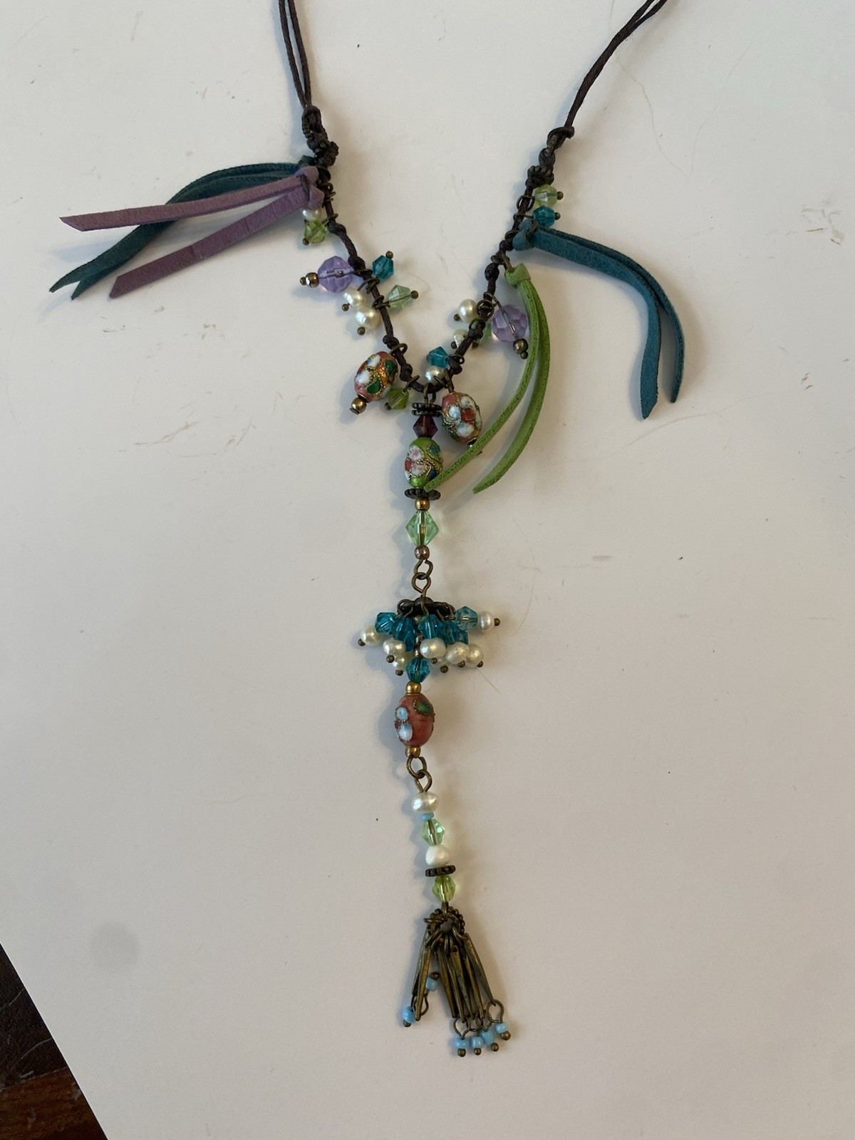 Handcrafted Multicolor Glass Beaded Tassel Pendant Necklace, Leather Cord, Brass