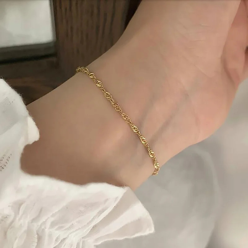 Gold Plated Bracelet Water Wave Stainless Steel Chain Polished Finish Jewelry