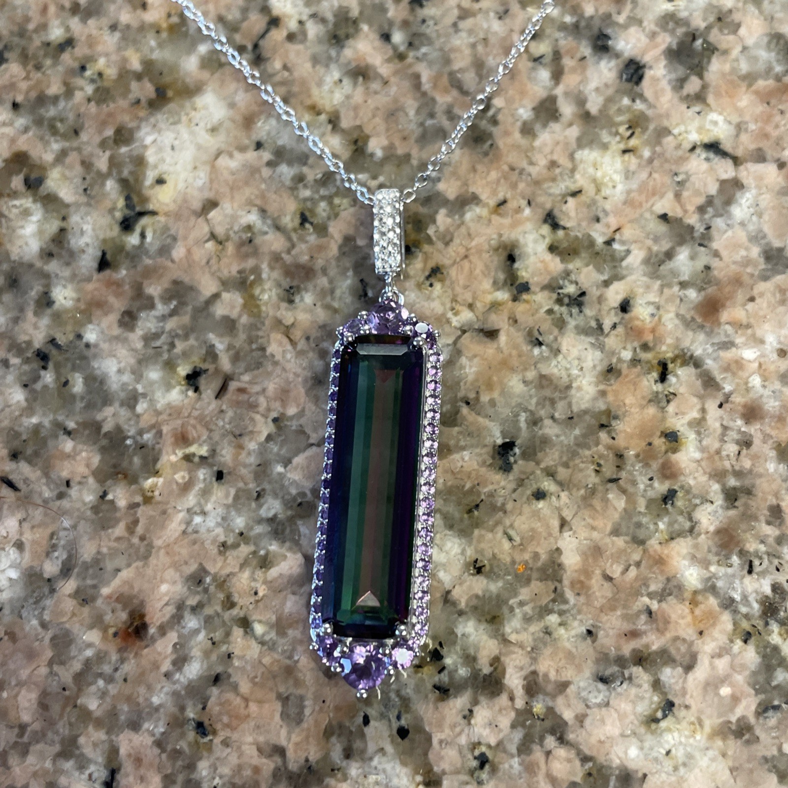 Multi-Color Quartz Rhodium Over Sterling Silver Pendant With Chain 7.83 Grams