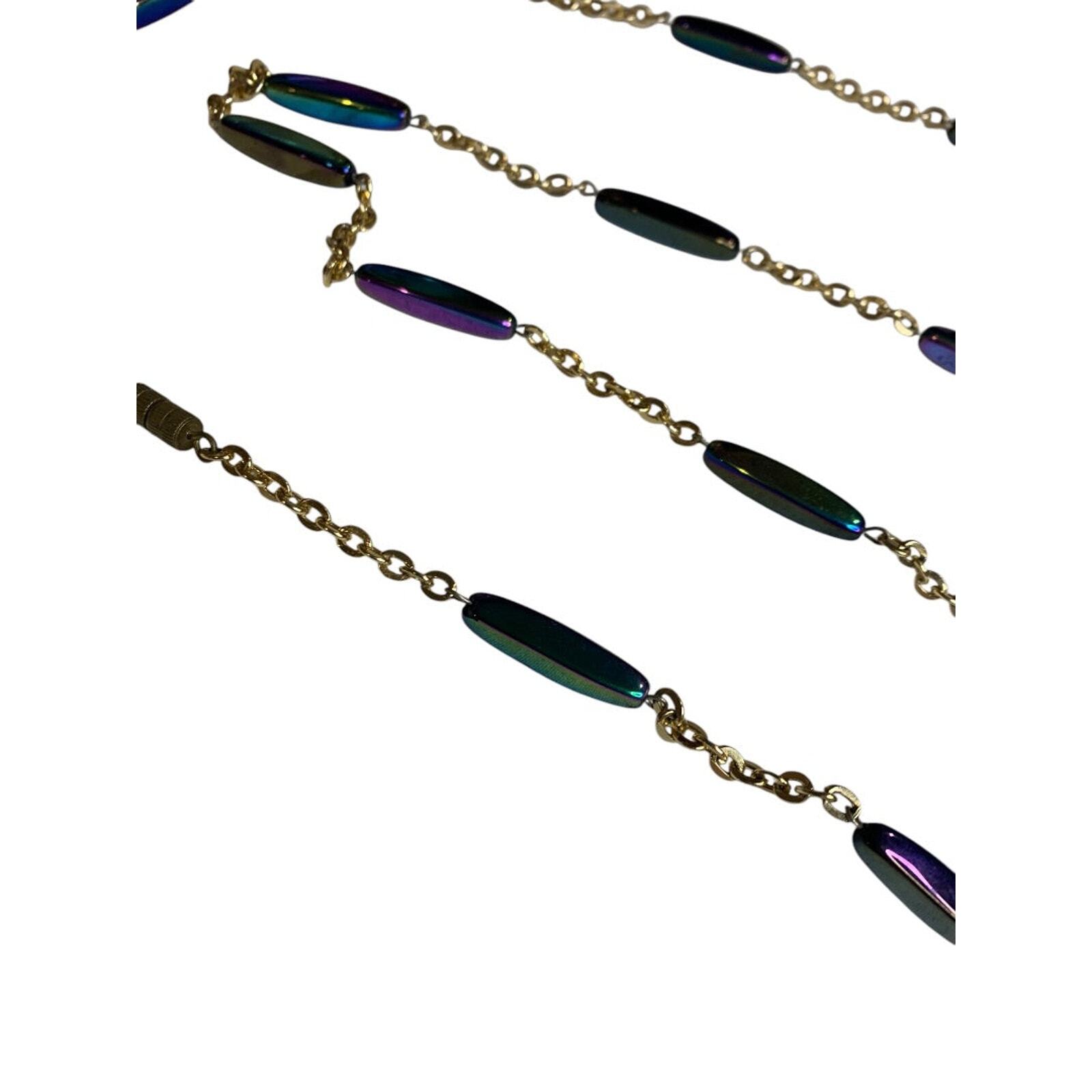 Vintage Goldtone Strand String Necklace Barrel Closure Purple Blue Green
