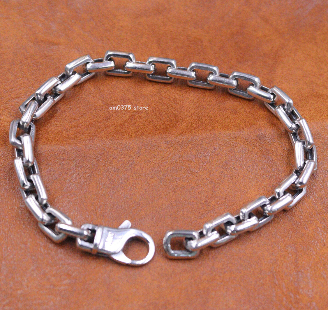 Real 925 Sterling Silver Bracelet Men’s Women 7mm Square Cable Link 8.26inch L