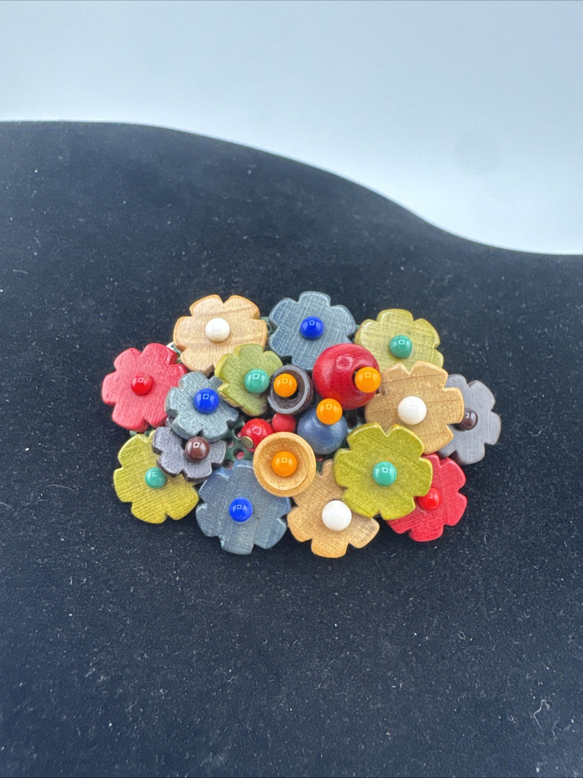 Vintage Made In Czechoslovakia Czech Carved Wooden Flower PIN Brooch 2 1/8”