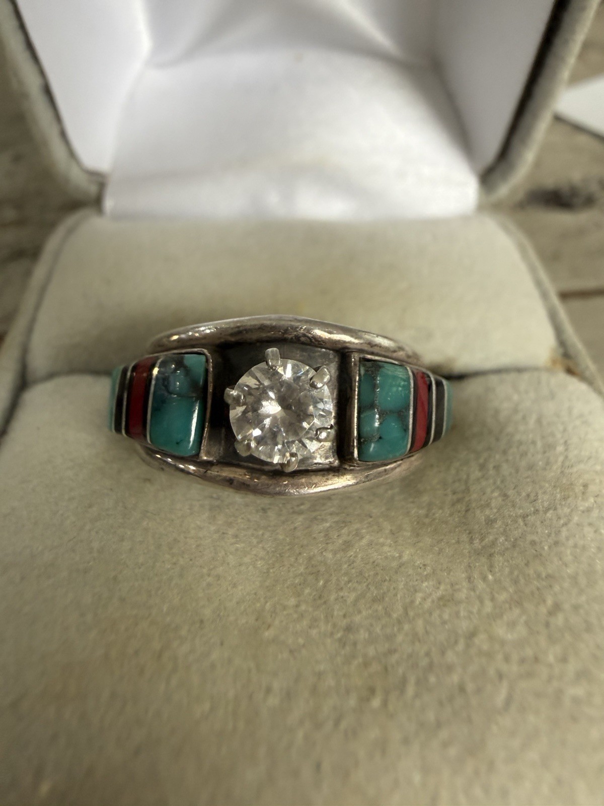 Sterling Silver 925 Turquoise & Rhinestone Southwestern Style Ring Sz 5.75 #3630