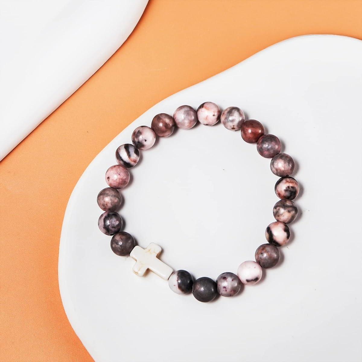 Christian Gifts for Women, Men Cross Beads Stretch Bracelet Catholic Religious J