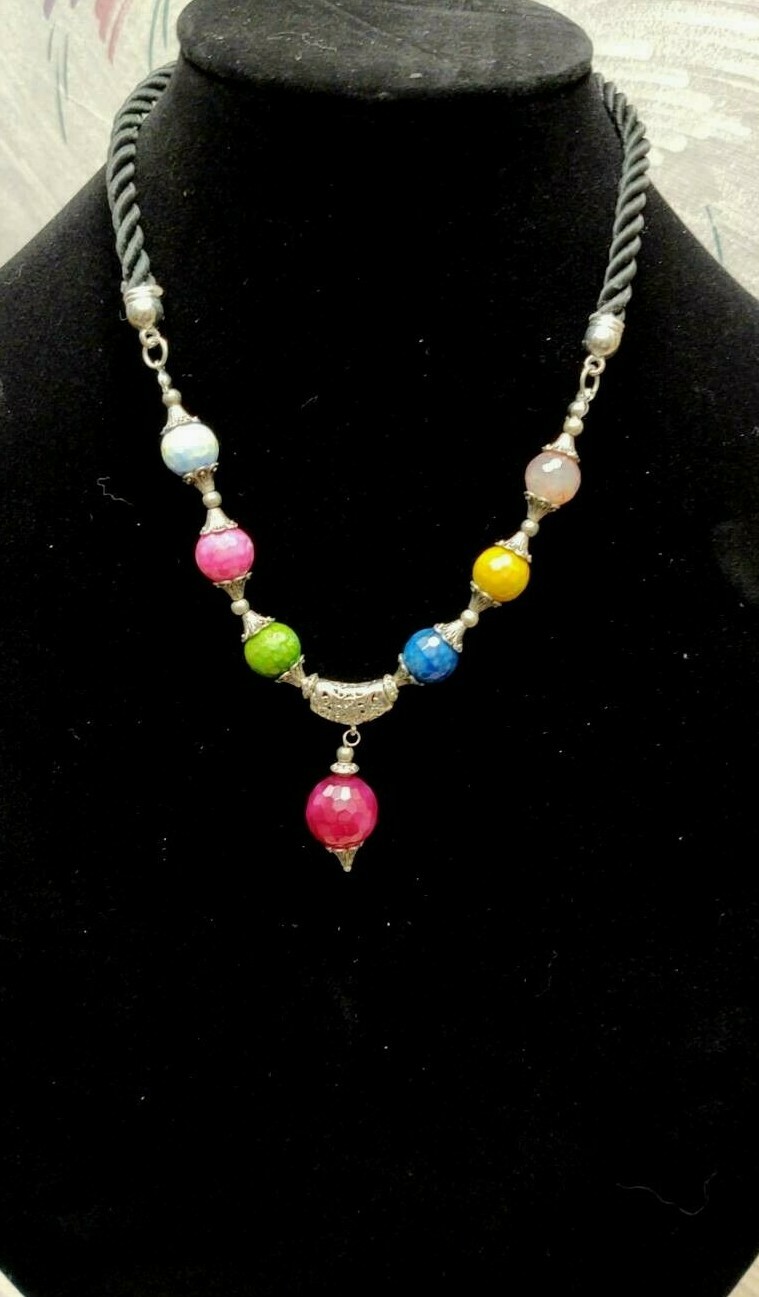 Multi-color Faceted Gemstone Bead Black Cord Silver Tone Metal Necklace Pendant