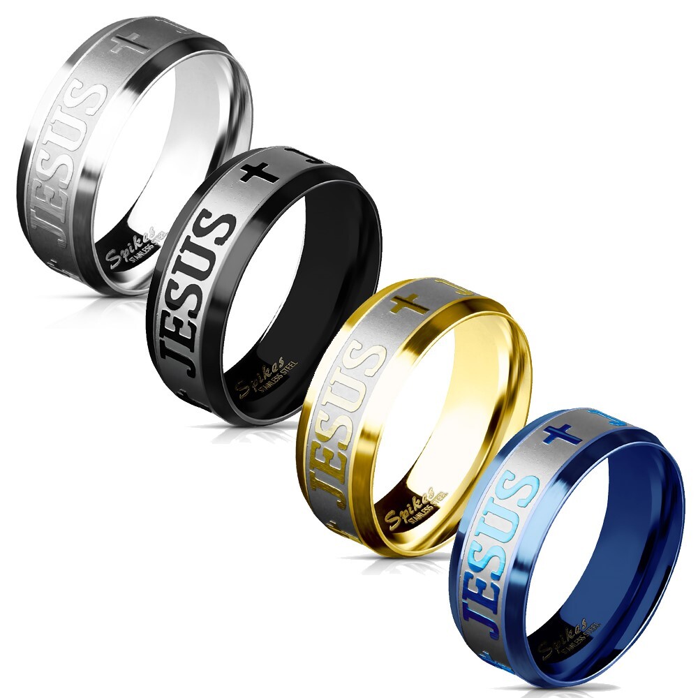 Stainless Steel Silver Gold Plated Black or Blue JESUS & Cross Band Ring