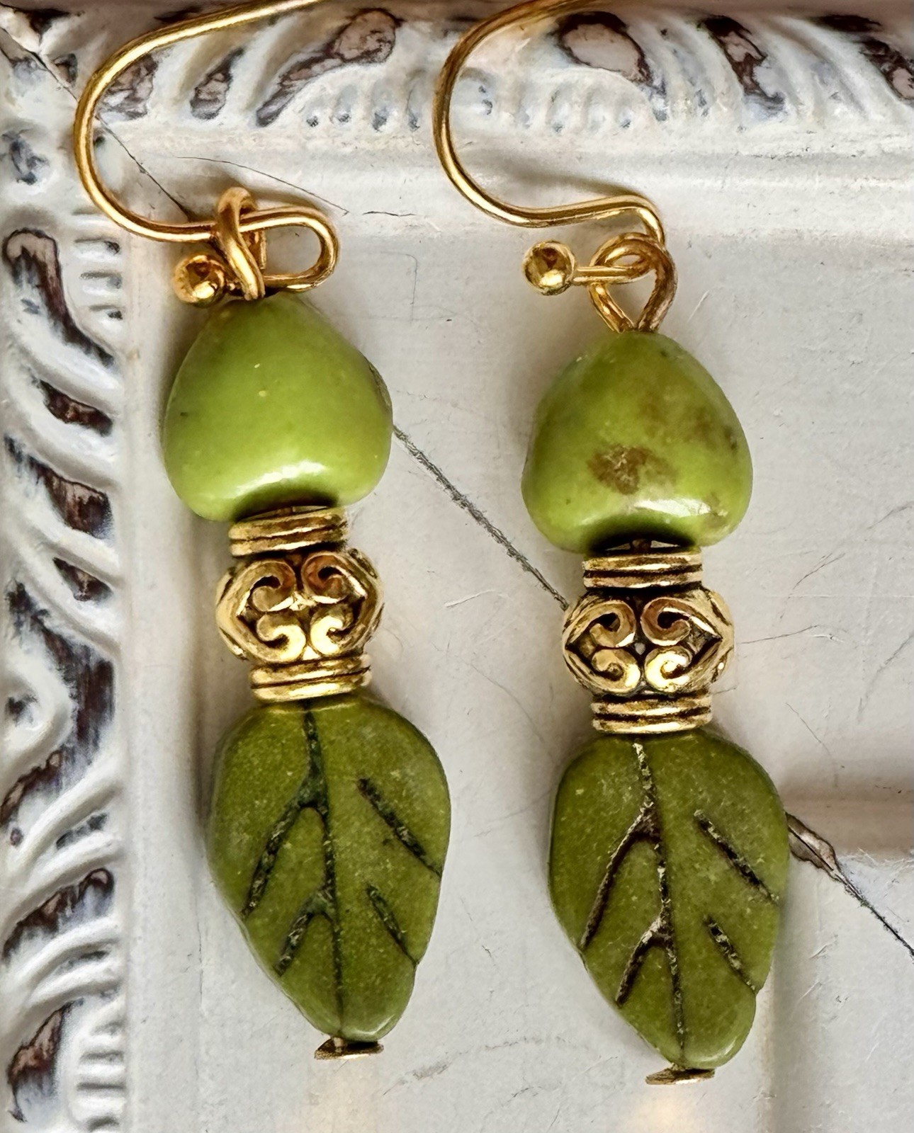 Etched Gold and Green Howlite Leaf. Available In Bronze or Silver Upon Request