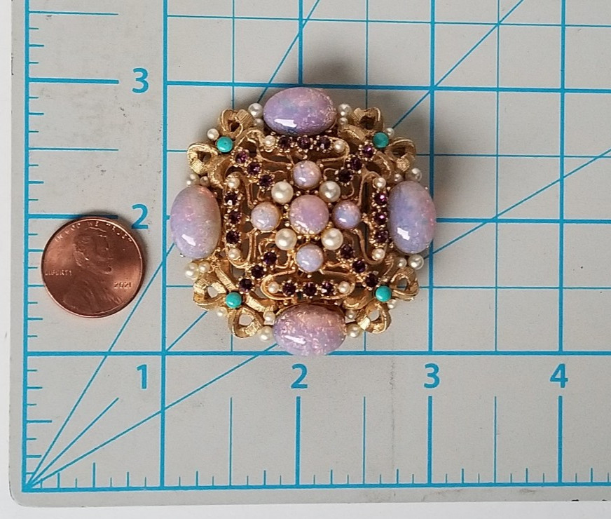 Vintage R. MANDLE Faux Opal, Pearl & Turquoise Rhinestone Gold Tone Pin Brooch