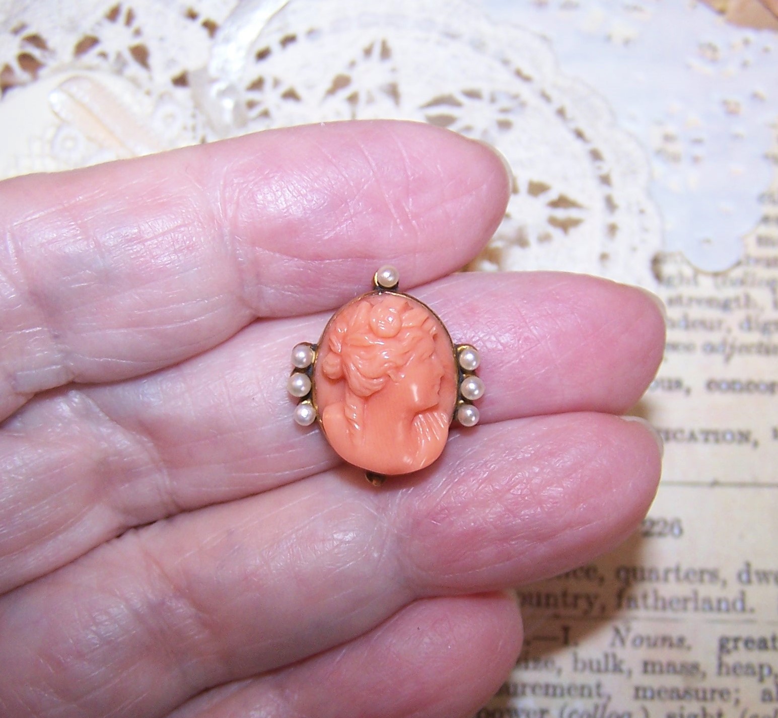 Antique 14K Yellow Gold Coral Cameo Pearl Stick Pin Head 4 Repurposing 2.29 Gr