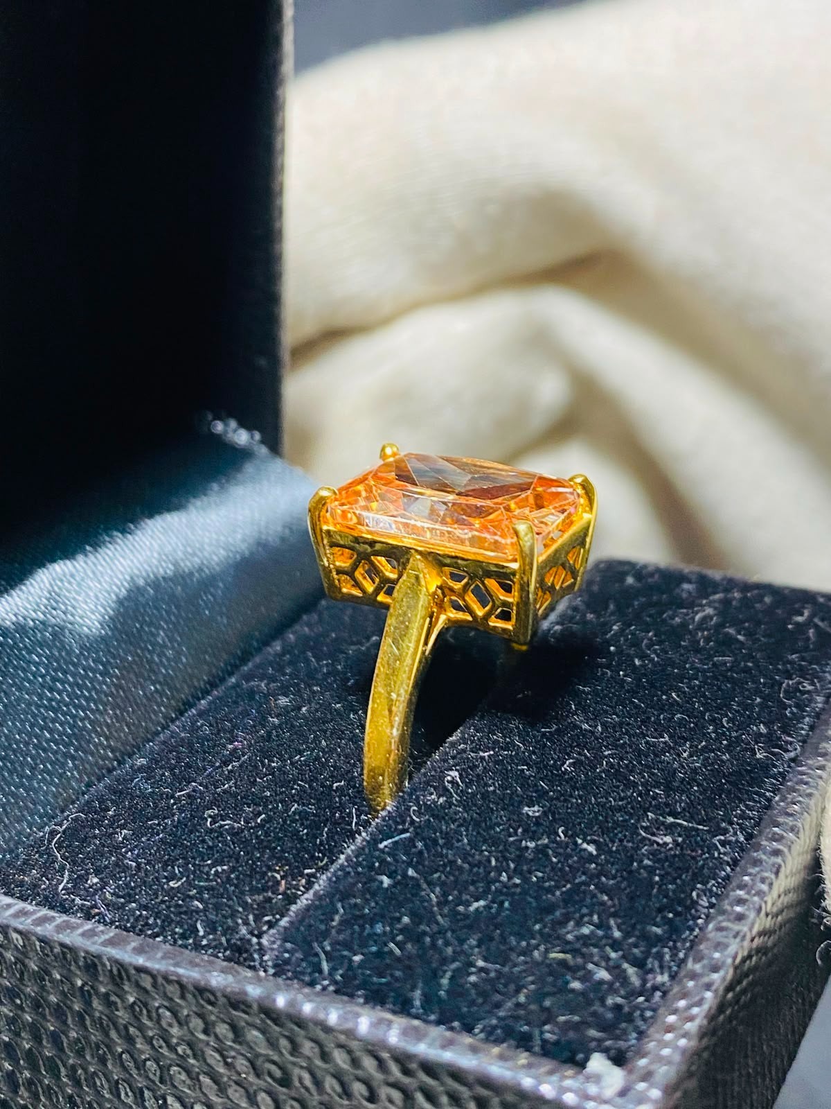 Gold Vermeil Emerald Cut CZ Statement Ring Sterling Silver Peach Solitaire Women