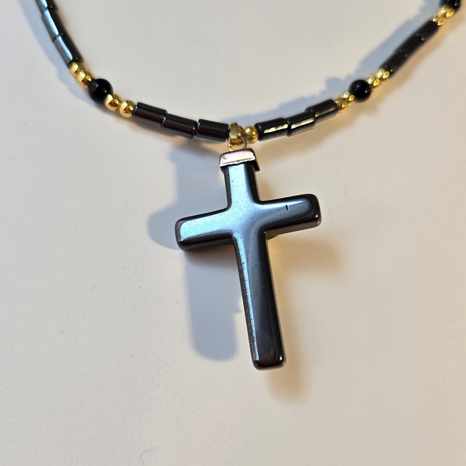 Vintage Cross Necklace Gray Black and Gold Beaded with Gold Jesus Pendant