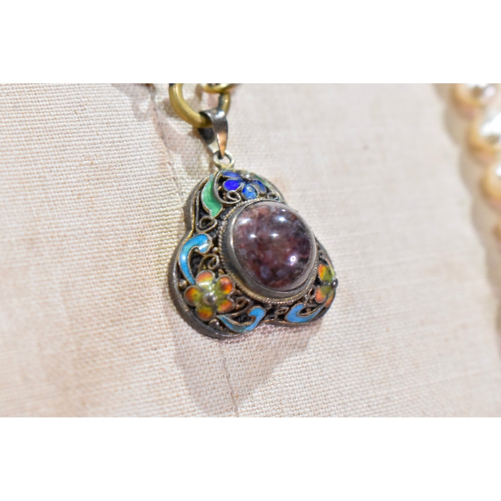 Antique Chinese Silver Filigree Cloisonne Enamel Cabochon Pendant Export Jewelry