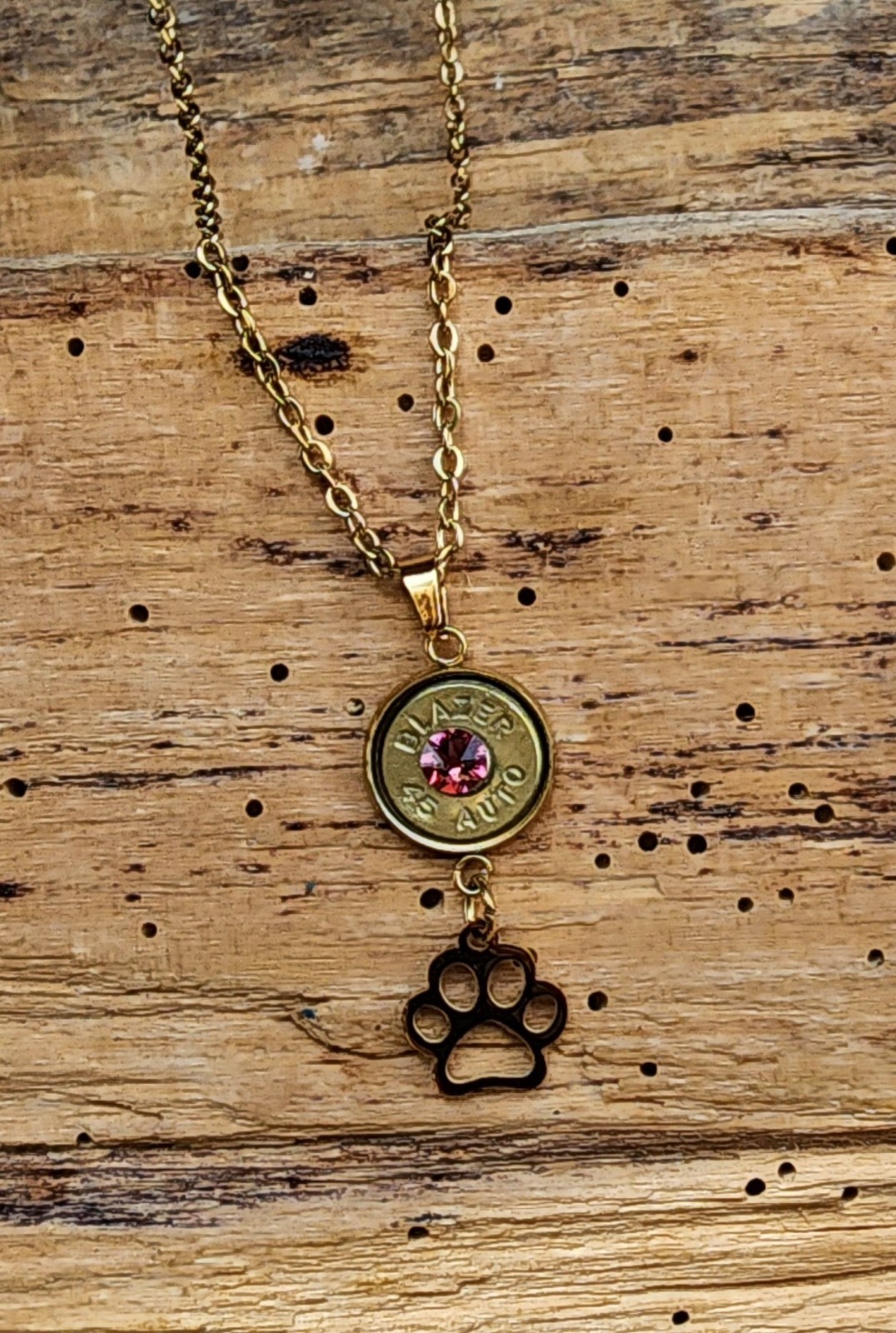 Gold Stainless Steel Bullet Necklace with Puppy Paw Charms. Optional Color.
