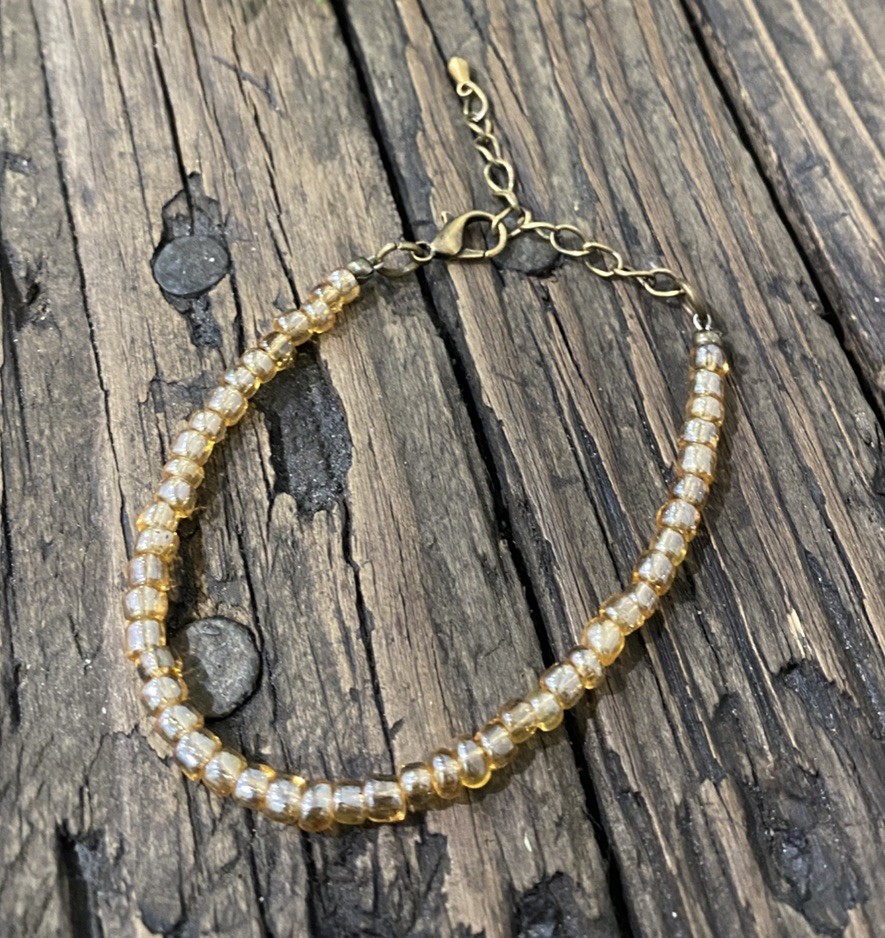 Dainty Glass Bead Bracelet, Gold & Amber Tones on Antique Brass Chain