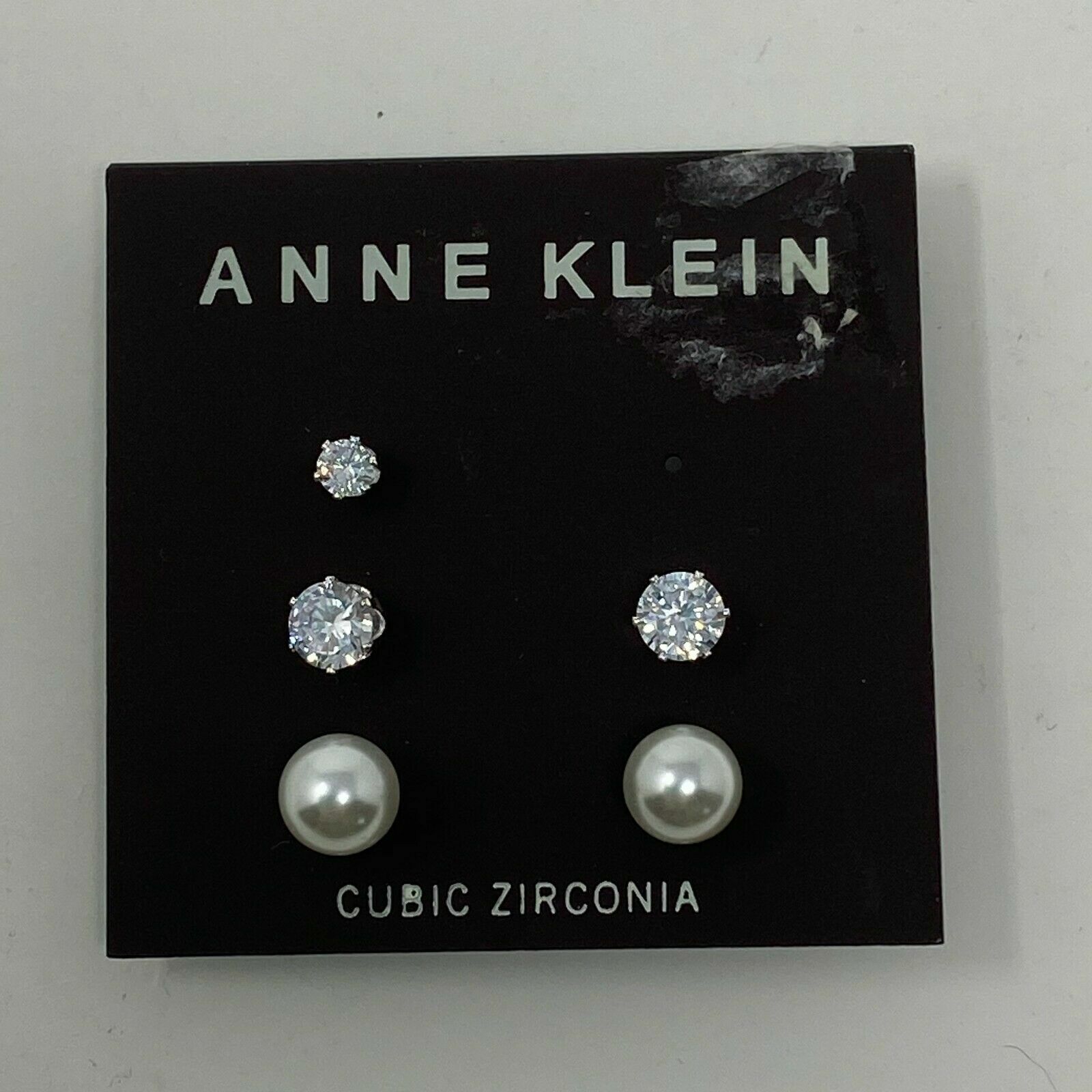 Anne Klein Two Pair Post Stud Earrings Faux Pearl Cubic Zirconia Silver Tone