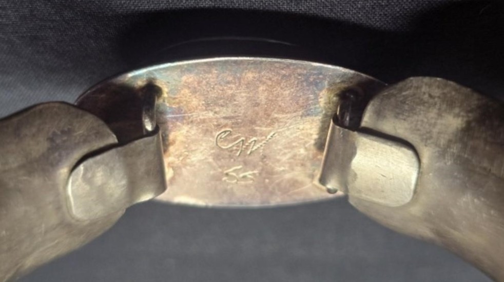 Studio Silver Cuff Bracelet Iridescent Cabochon Signed CM Sterling Modernist