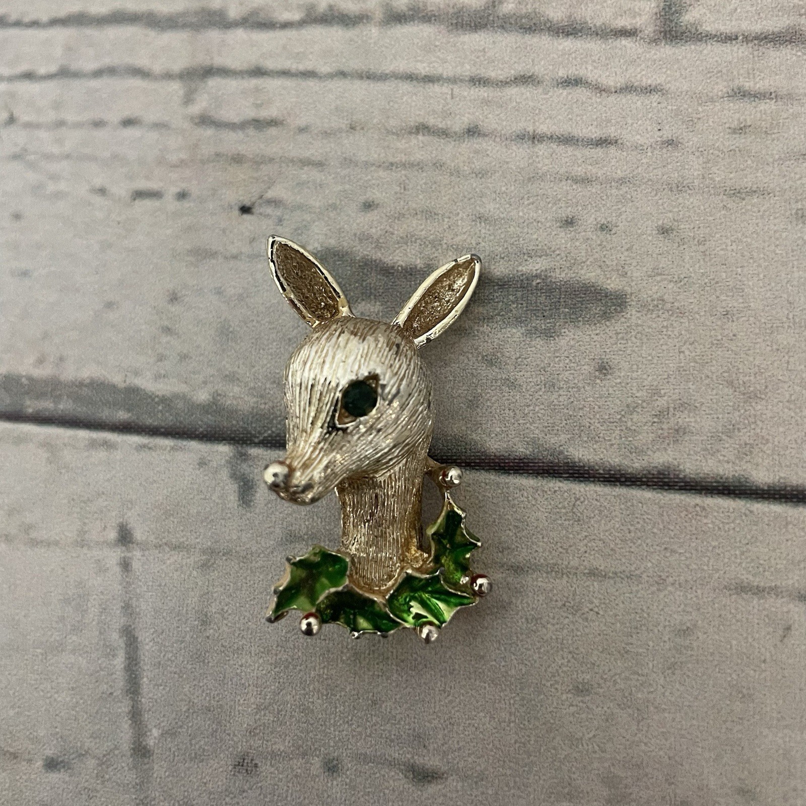 Vintage Gerry’s Christmas Brooch Antlered Reindeer- Gold Toned with Holly Leaves