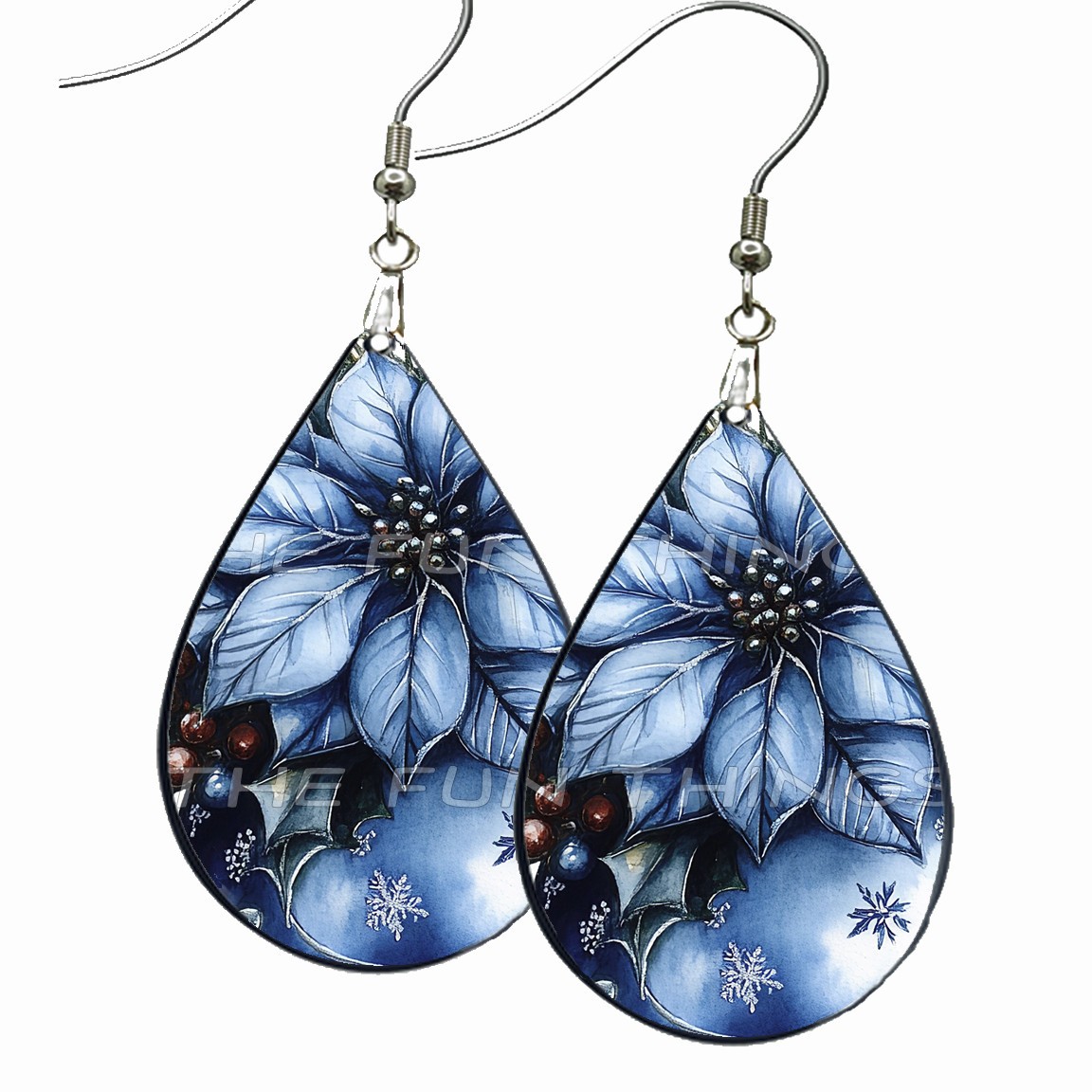 Blue Christmas Flowers Poinsettias Earrings Teardrop Dangle Wood Handmade Gifts