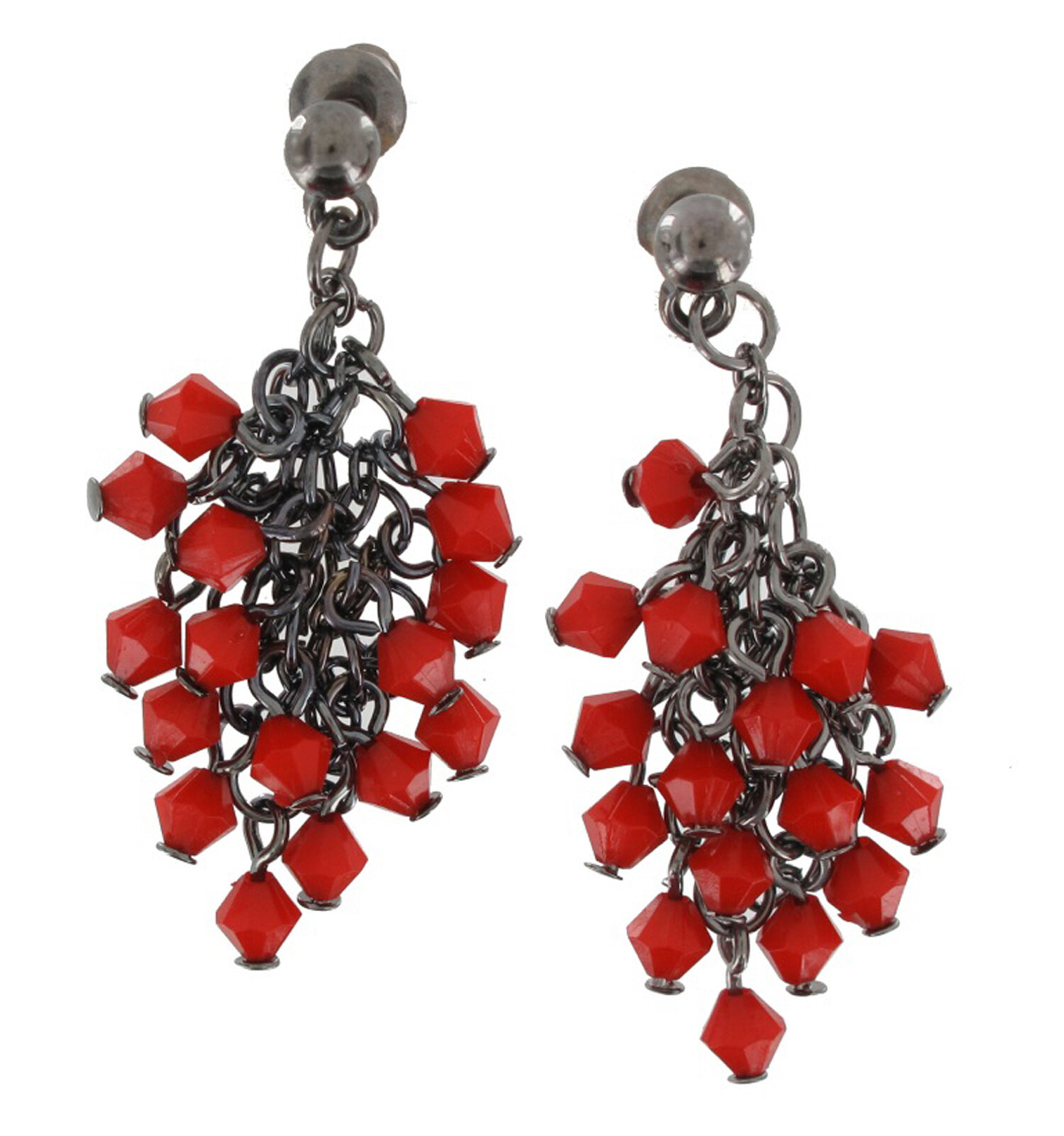 Red Fringe Beaded Dangle Pierced Earring 1/2″ + Bracelet 7- 9″ Adjustable Set