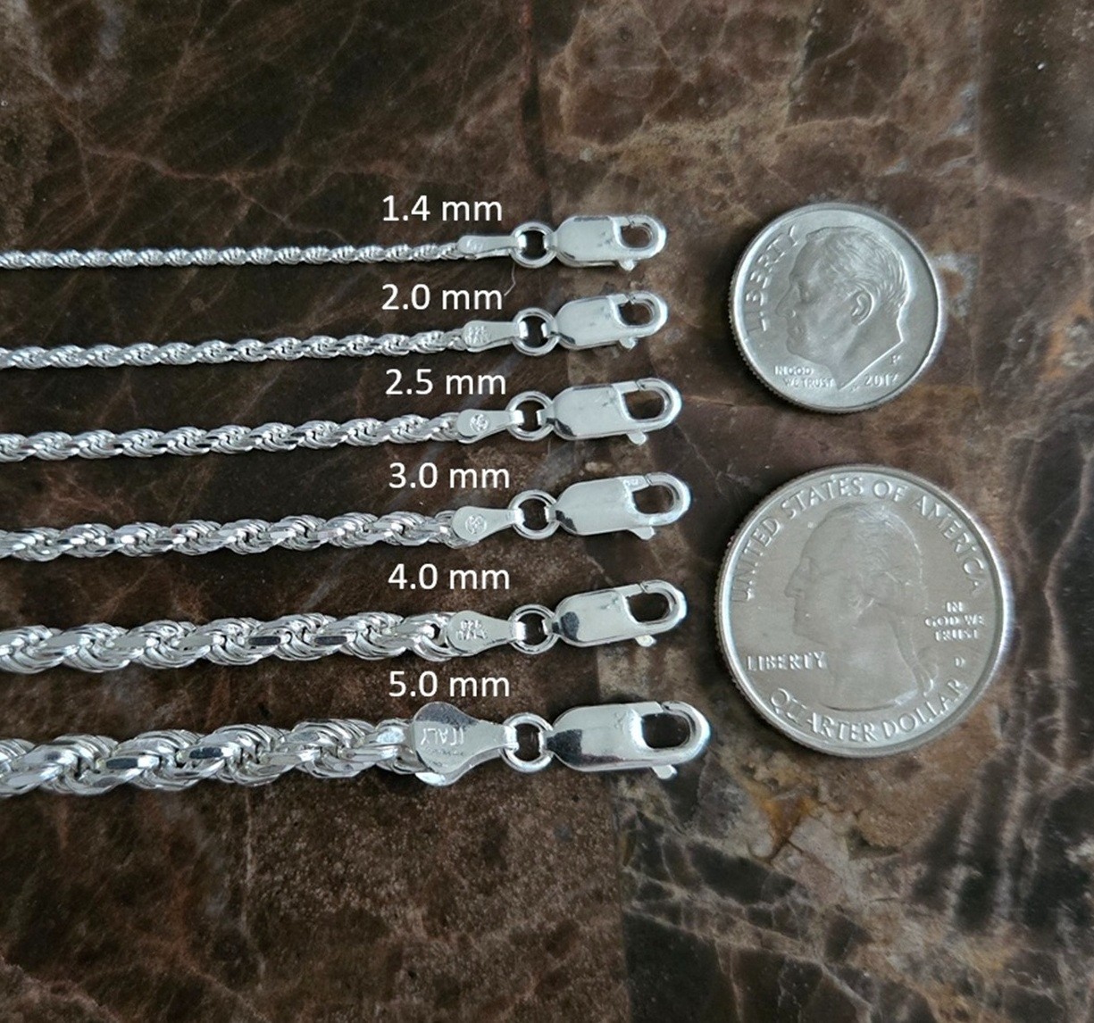 Solid Sterling Silver Diamond Cut Rope Chain Necklace/Bracelet Lengths – Italy
