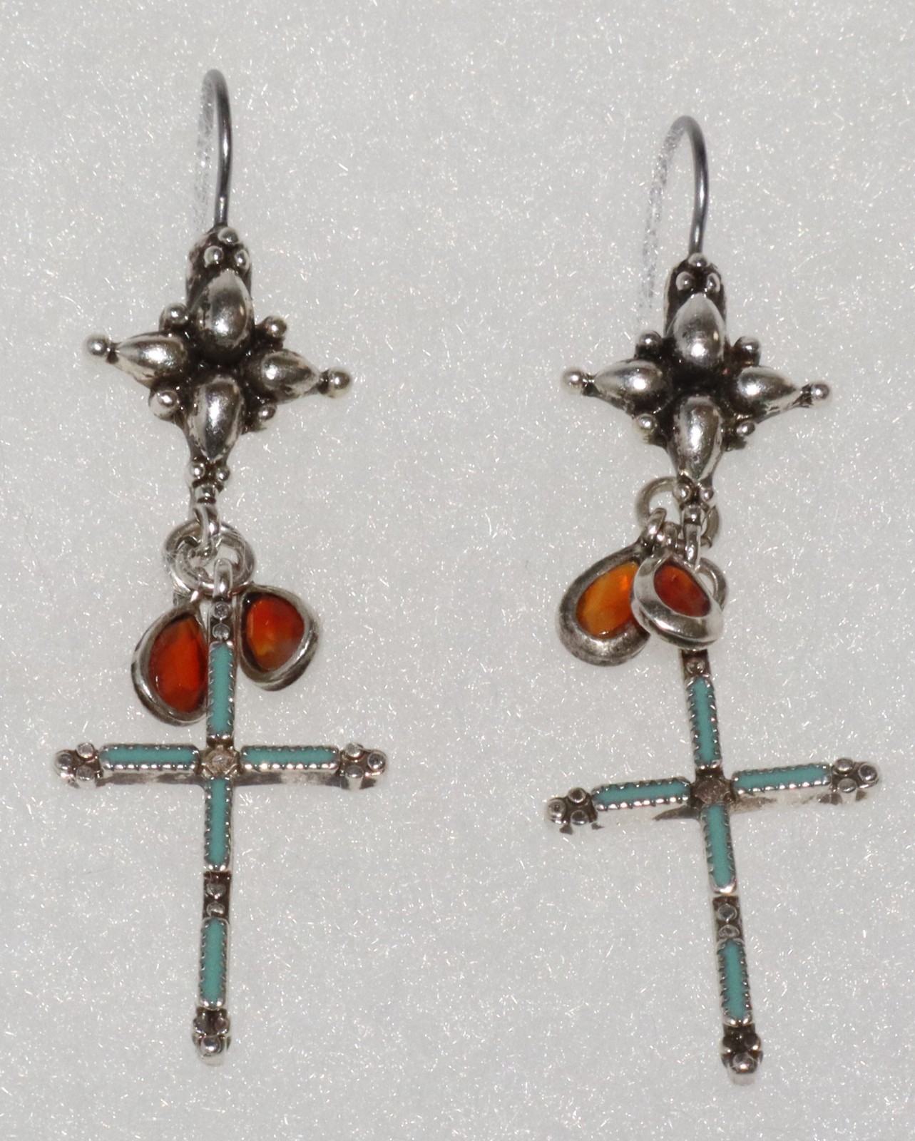 Sterling Silver Blue Enamel Cross Amber Stone Dangle Earrings