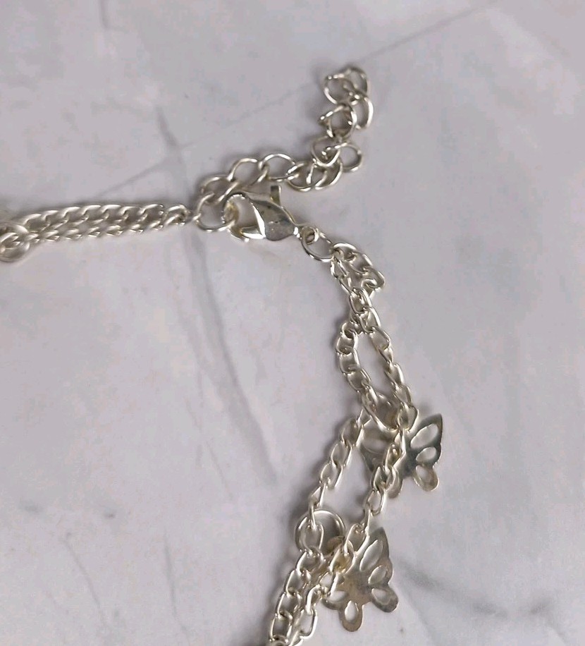 Chain Bracelet 2 Strand Silver Tone Butterfly Charms & Beads 8″+2″ Extender VGC